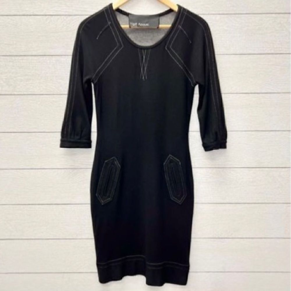 Yigal Azrouël Black Scoop Neck Knee Length Dress Contrast Stitching Size S